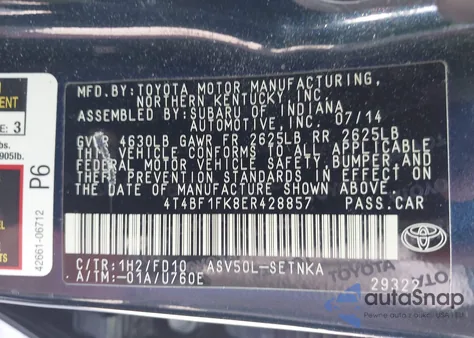 2014 Toyota Camry Le из США, поврежденный, VIN 4T4BF1FK8ER428857